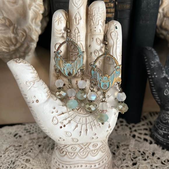 Art Nouveau Style Verdigris Earrings Czech Glass Drops - Picture 5 of 15